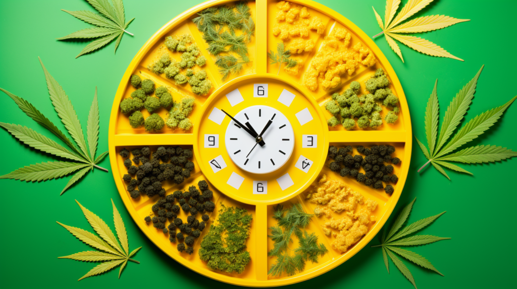 a clock on a tray surrounded by cannabis edibles