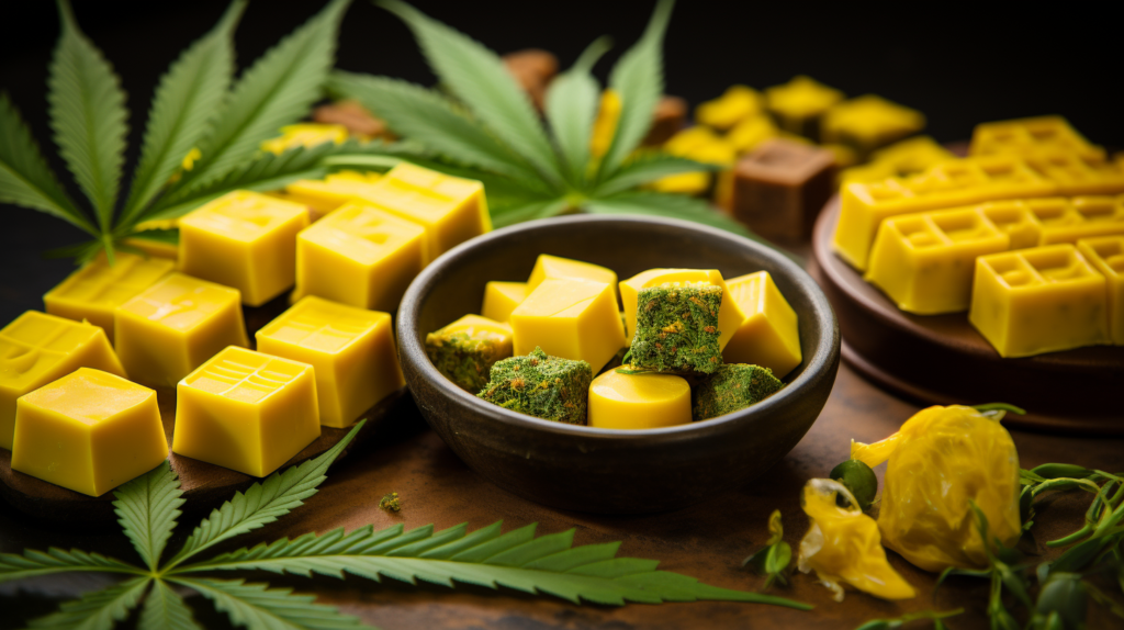 a bowl of yellow and green delta-8 cannabis gummies