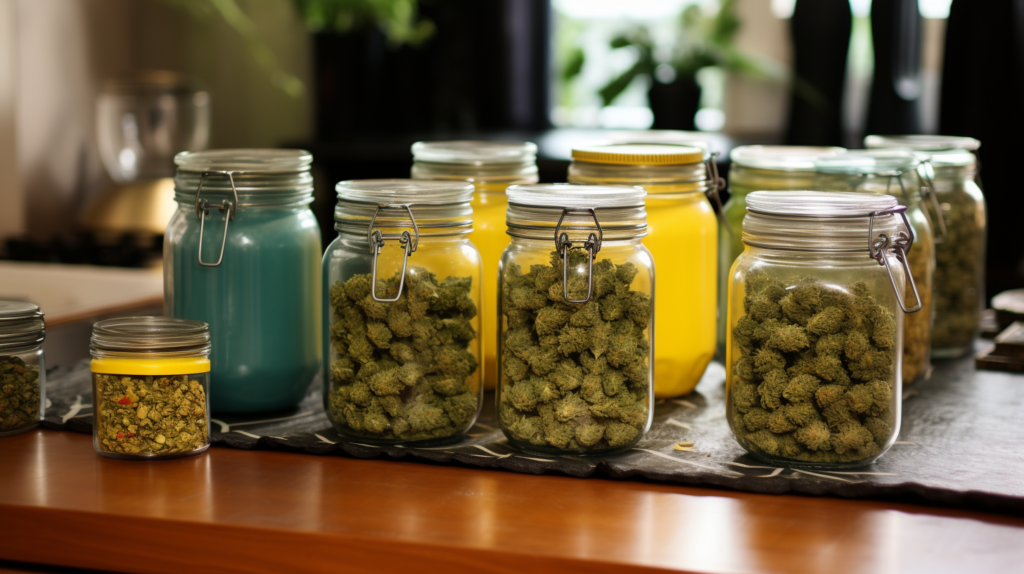 various storage jars with weed in them