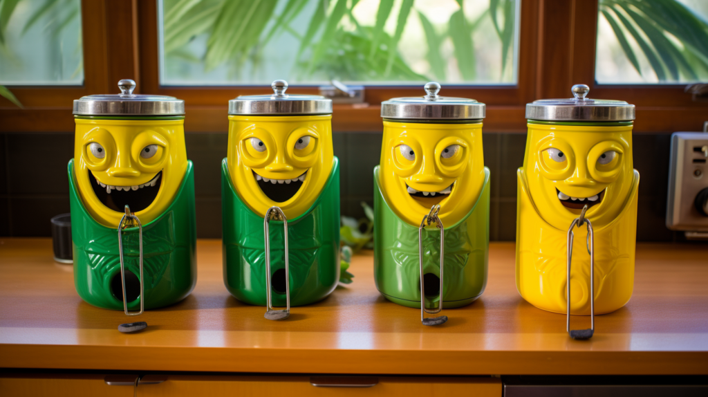 4 smiling face jars on a table