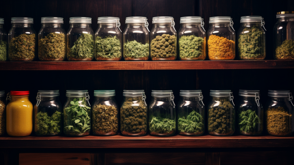 A series of jars on a shelf containing various cannabis products
