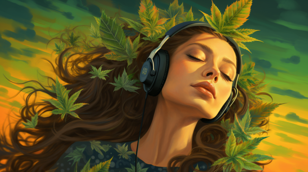 woman listening to podcast with closed eyes, relaxed, thinking of cannabis