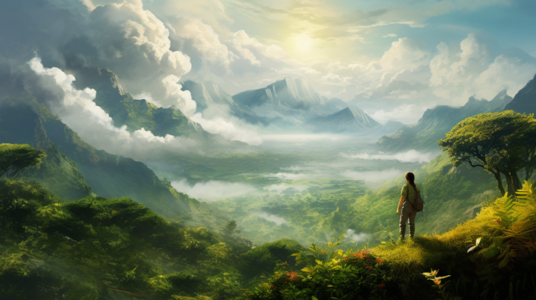 A woman exploring a vast open vista of mountains and clouds