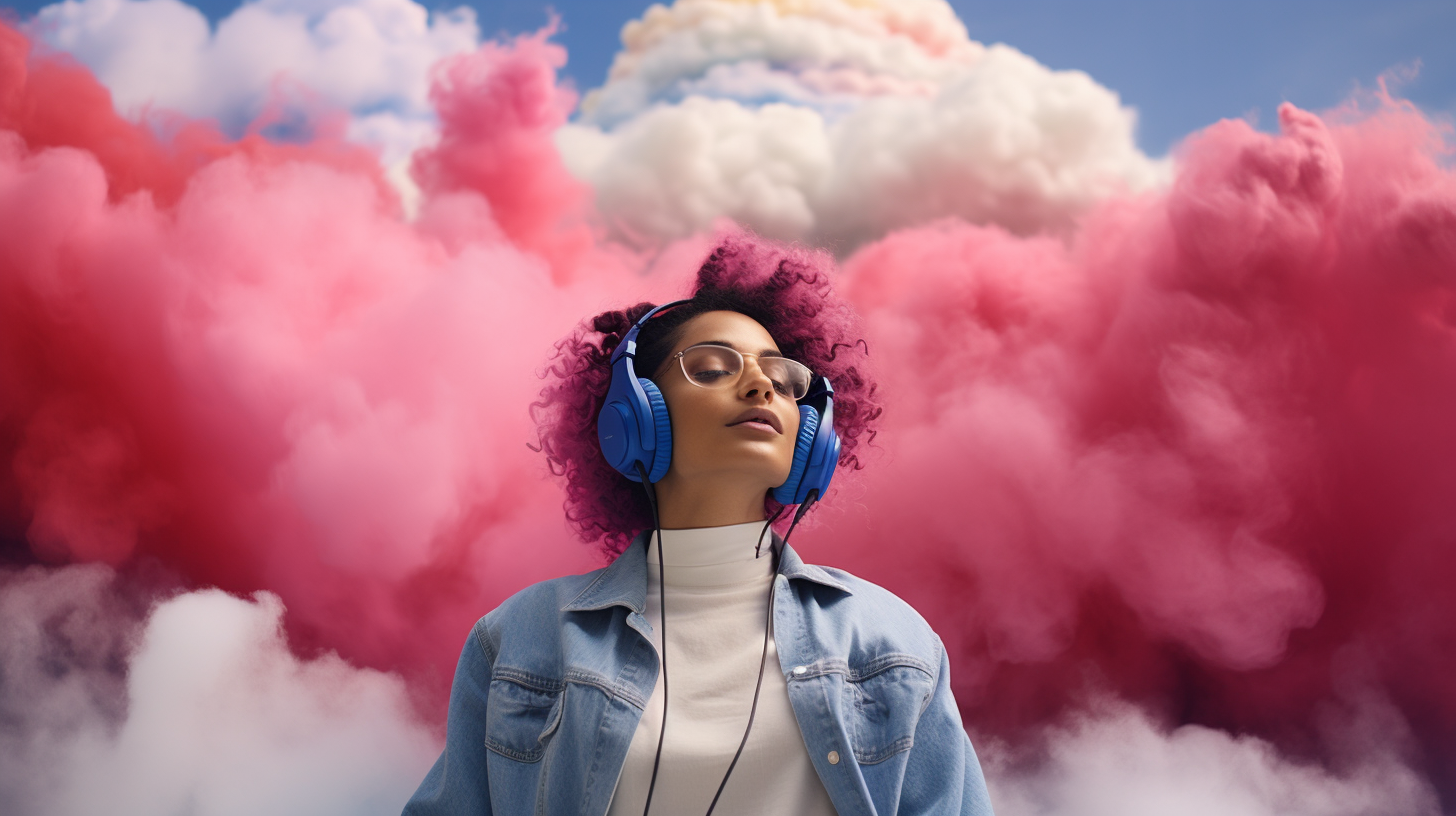 woman in front of pink clouds listening to headphones
